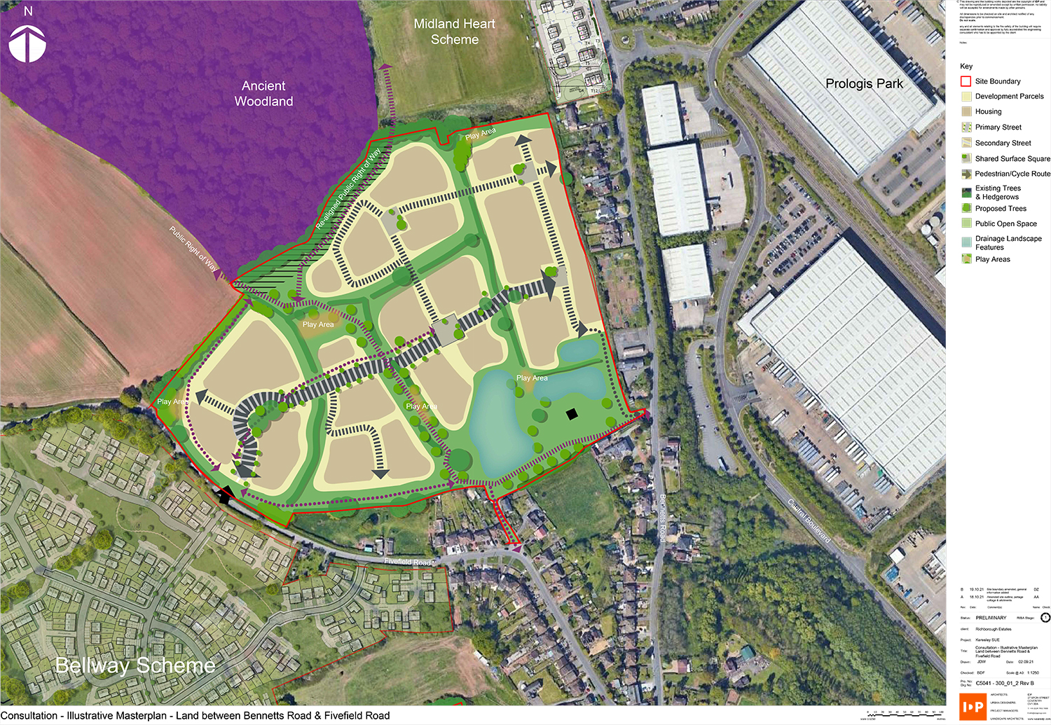 Illustrative masterplan for development on Bennetts Road and Fivefield Road